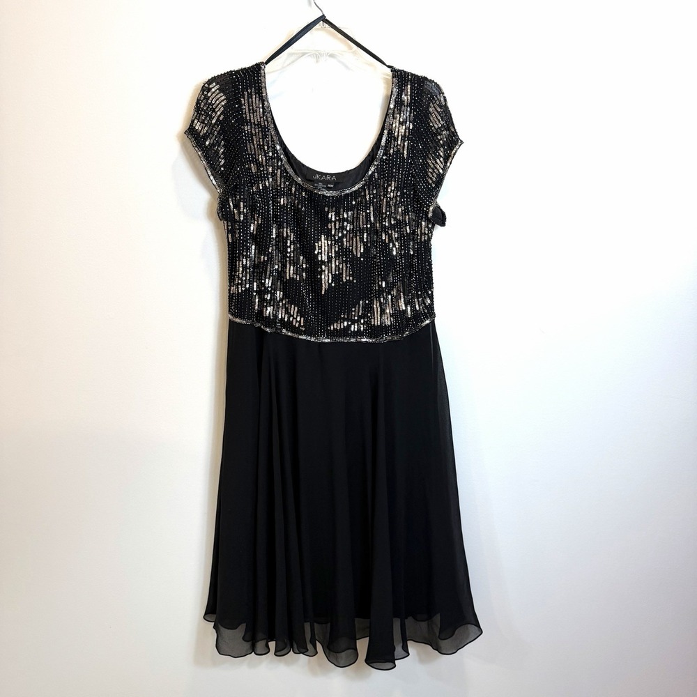 J Kara 14W Black With Silver Beading Sequins Cocktail Dress Formal‎